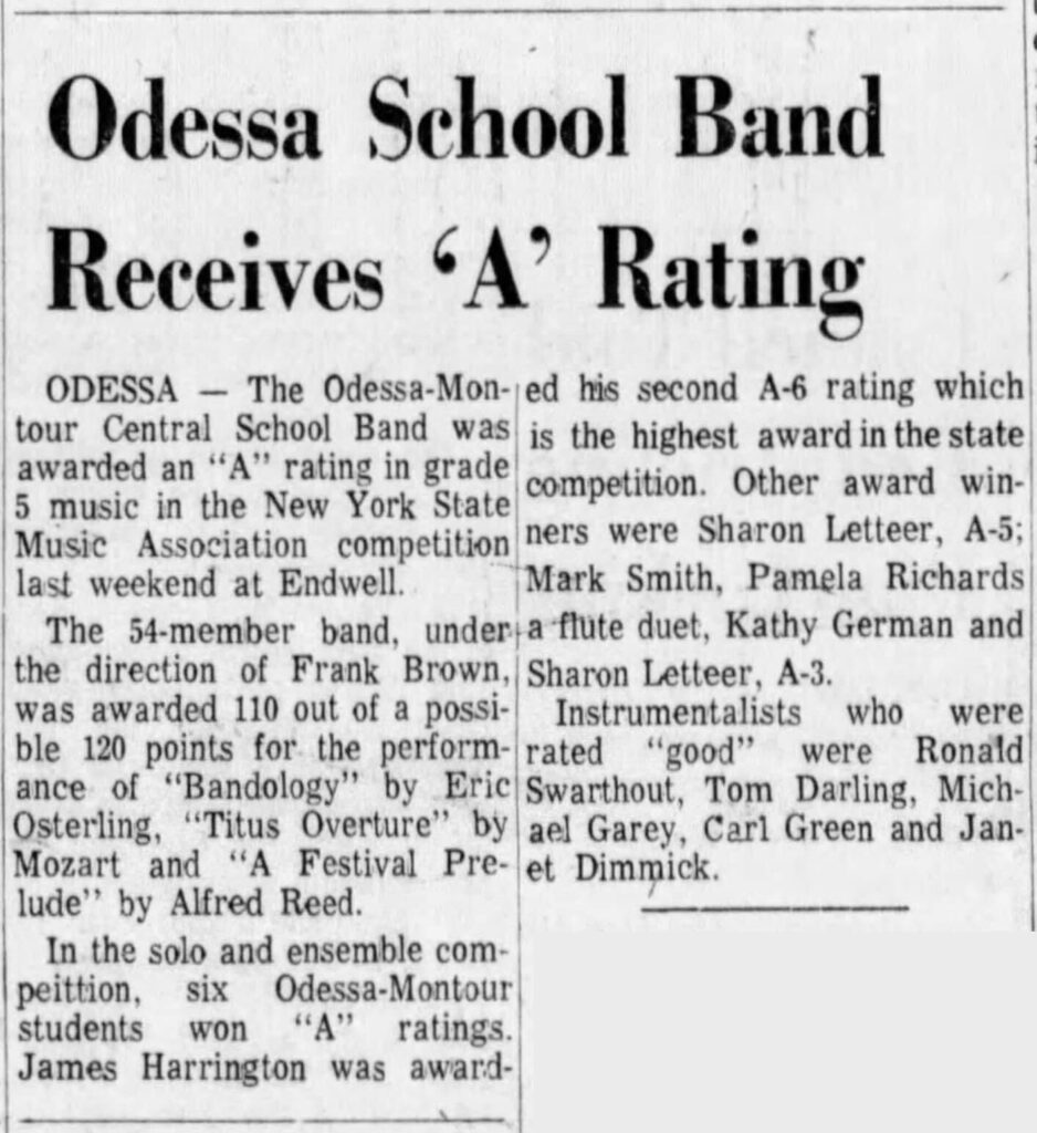 Odessa School Band Receives 'A' Rating (article)